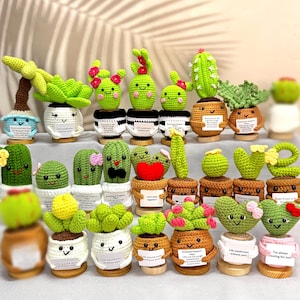 Op de afbeelding: Een verzameling handgemaakte gehaakte cactusplanten in verschillende stijlen en maten. Elke plant heeft een uniek ontwerp, inclusief bloemen, strikken en lachende gezichten. De planten worden gepresenteerd in decoratieve potten met houten bases.