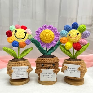 May include: Three crocheted flower pot decorations with smiling faces. The flowers are rainbow, purple, and rainbow. Each pot has a message: "Emotional Support Plant", "Keep growing on your first day of school!" and "Thank you for helping me grow".