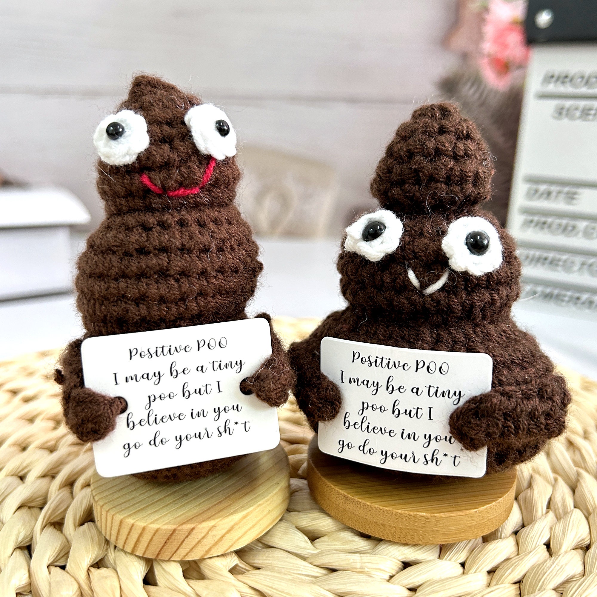 2PCS Positive Poo Crochet Plush - Cute Emotional Support Toy With Inspirational Card, Funny Gift