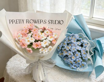 Handmade Crochet Forget Me Not Bouquet, Forever Flowers, Crochet Flower Bouquet, Handmade Gift for Her, Thanksgiving Gift, Xmas Gift