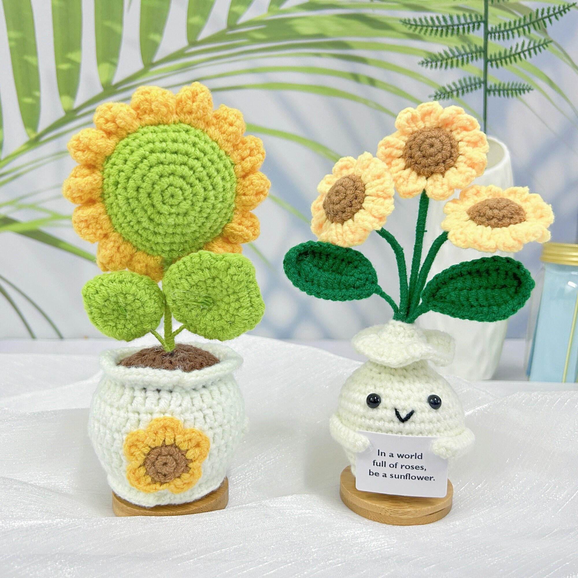 かわいい手作りかぎ針編みのひまわりの鉢植え、かぎ針編みのひまわりの