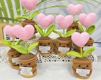 Bulk Sale Handmade Crochet Pink Heart Pot Plant,Emotiona Support Plant,Love Heart,Caring Gift For Her/Women/Team/Class,Desk/Table Decor