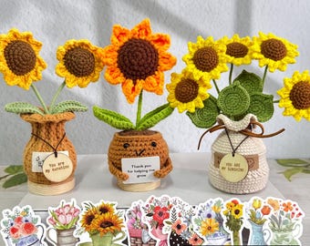 Handmade Crochet sunflower Flowers with Wooden tag,Emotional Support Potted Plant,Thanks Gift for Mom/Teacher/Friends/Team, Xmas Gift