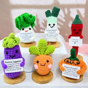 May include: Five crocheted vegetable plushies with motivational messages. The plushies are an eggplant, a scallion, a carrot, a pumpkin, and a chili pepper. Each plush is standing on a small wooden base.