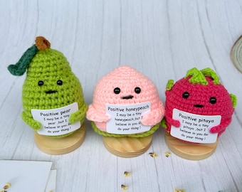 Adorable Handmade Crochet Pear/Peach/Pitaya Caring Gifts,Crochet Fruits with Positive Card,Mother's Day Gift,Desk/Home/Room Decor