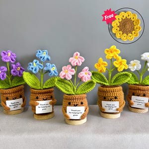 Handmade Crochet Forget me not Flowers,Emotional Support Potted Plant,Thanks Gift for Mom/Dad/Teacher/Friends/Team,Crochet sunflower coaster