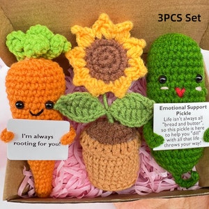 Emotional Support Pickle Set with Rooting for you carrot and sunflower,Mother's Day Gift, Handmade Positive Vegetables and Crochet Flower