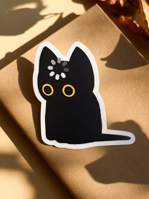 Cute Black Cat Meme Sticker, Spinning Loading Icon Vinyl Decal, Aesthetic Minimal Sticker for Bottles & Journals