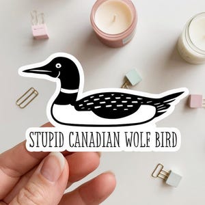 以下が含まれることがあります： 「STUPID CANADIAN WOLF BIRD」の文字が入った、カトゥーンのハシグロアビの白黒ステッカー。ステッカーは、文房具やキャンドルが置かれた白い背景にあります。