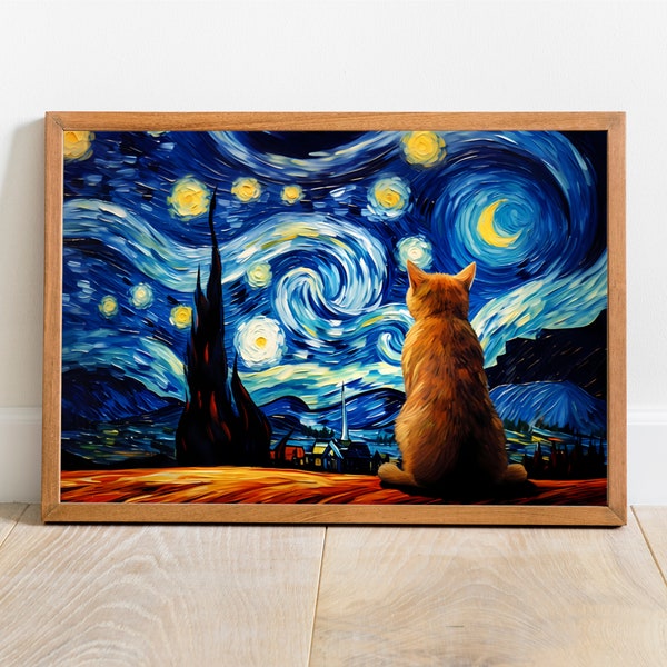 Starry Night Van Gogh Orange Tabby Cat Print | Instant Digital Download | Orange Cat Art | Funny Cat Print Home Decor