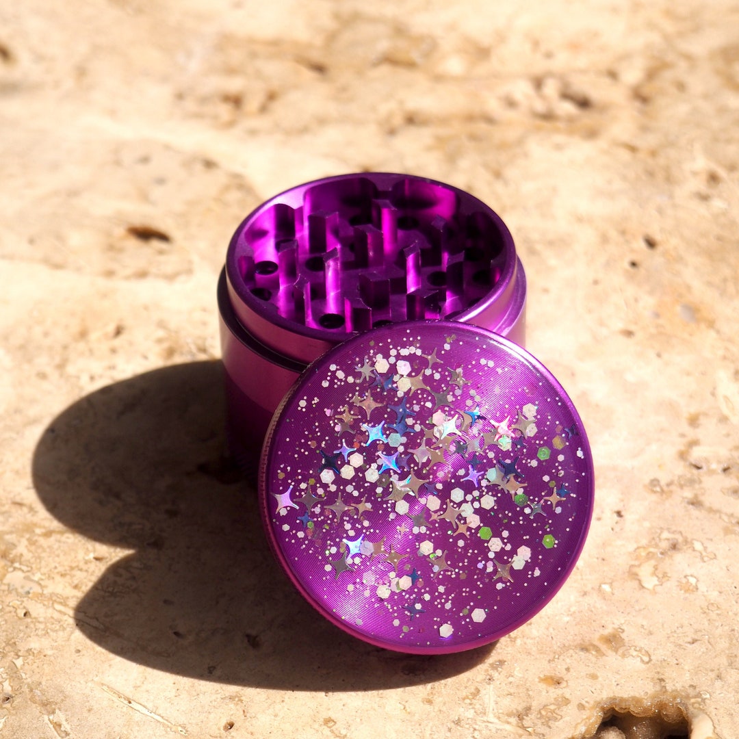 50mm Purple Herb Grinder Holographic Glitter Resin Pink Girly Smoking