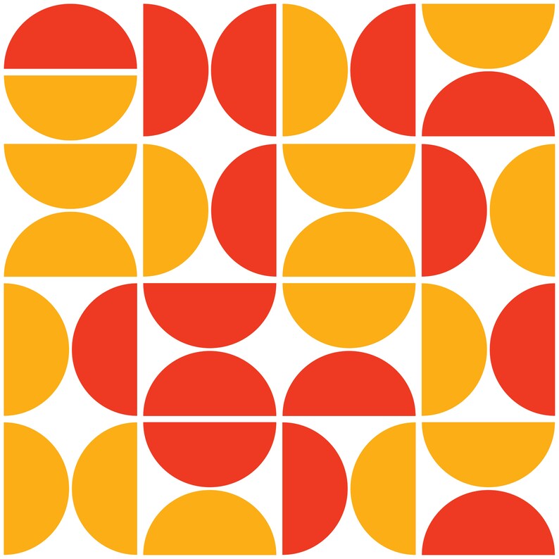 K&ouml;nnte beinhalten: Geometrisches Muster mit sich wiederholenden orangefarbenen und gelben Halbkreisen und Vollkreisen auf wei&szlig;em Hintergrund. Das Design erzeugt eine visuell ansprechende, symmetrische Anordnung.