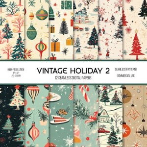 May include: Twelve digital paper designs featuring vintage Christmas illustrations. The designs include Christmas trees, ornaments, presents, candy canes, and winter scenes. The papers are high-resolution and perfect for crafting and scrapbooking.