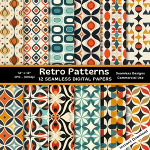 Puede incluir: Doce diseños de papel digital en estilo retro con patrones geométricos en tonos naranja, azul, verde y blanco. Los papeles miden 30,48 cm por 30,48 cm y 300 dpi.