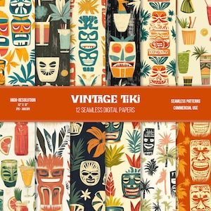 May include: A collection of 12 seamless digital papers with a vintage Tiki theme. The designs feature colorful Tiki masks, tropical plants, and cocktail illustrations. The papers are 12" x 12" and suitable for commercial use.