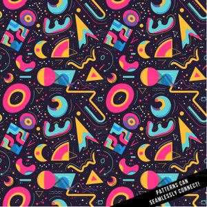 May include: A seamless pattern with geometric shapes in bright colors like pink, yellow, blue, and purple on a dark background. The pattern includes circles, squares, triangles, and wavy lines. The text "PATTERNS CAN SEAMLESSLY CONNECT!" is at the bottom of the image.