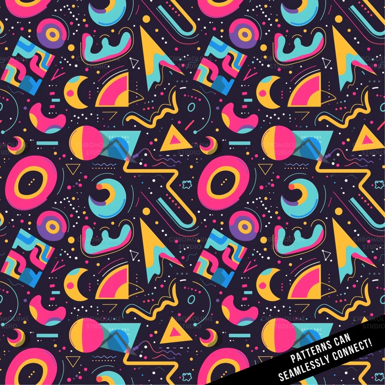 May include: A seamless pattern with geometric shapes in bright colors like pink, yellow, blue, and purple on a dark background. The pattern includes circles, squares, triangles, and wavy lines. The text "PATTERNS CAN SEAMLESSLY CONNECT!" is at the bottom of the image.