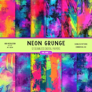 Neon Grunge Digital Paper V1: Seamless Bright Texture Backgrounds (Digital Downloads)