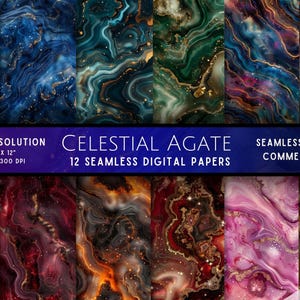 以下が含まれることがあります： 天体の瑪瑙のシームレスなパターンを特徴とする12のデジタルペーパー。パターンは、ゴールドのアクセントが付いた青、緑、紫、赤の色合いです。各ペーパーは30.48 cm x 30.48 cmで、300 DPIです。