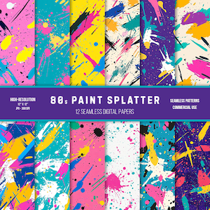 May include: Twelve digital paper designs featuring a seamless pattern of colourful paint splatters in a retro 80s style. The papers are high-resolution, 30.5 cm by 30.5 cm, and 300 DPI.