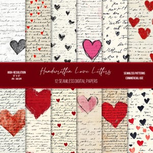 Cartas de amor escritas a mano en papel digital sin costuras / Uso comercial / Alta resolución / Imprimible para el día de San Valentín / Álbum de recortes / Diario basura