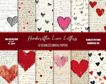 May include: Twelve digital paper designs featuring handwritten love letters with hearts in red, pink, and black. The papers are seamless and can be used for commercial purposes.