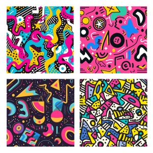 May include: Four colorful geometric patterns with abstract shapes, lines, and dots in a retro 80s style. The patterns are in black, white, pink, yellow, blue, and green.