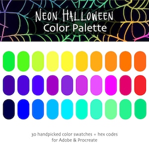 May include: A neon Halloween color palette with 30 handpicked color swatches. The image features a gradient spiderweb design and a series of color blocks in shades of green, yellow, orange, purple, pink, and blue. Text includes "NEON HALLOWEEN Color Palette".