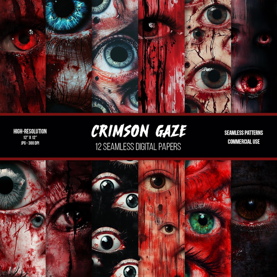 Crimson Gaze Horror Eyes Digital Paper: Seamless Halloween Bloody
