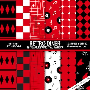 May include: Twelve digital paper designs in a retro diner theme. The papers feature red and black geometric patterns, including checkered, diamond, and starburst designs. One pattern features a black and white record with musical notes.