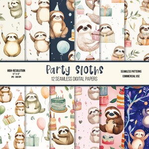 Può includere: Una collezione di 12 carte digitali senza cuciture con illustrazioni ad acquerello di bradipi che festeggiano con palloncini, regali e torte. Il testo "Party Sloths" è in un carattere stravagante. Ogni carta misura 30,48 cm x 30,48 cm.