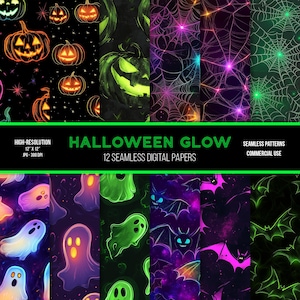May include: Twelve digital papers featuring Halloween themed patterns. The patterns include glowing pumpkins, bats, ghosts, and spiderwebs in various colors, including green, purple, and blue.