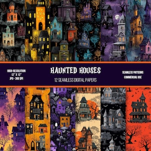 May include: A collection of 12 seamless digital papers featuring various haunted house designs. The houses are depicted in a variety of colors, with spooky details and eerie lighting. The image includes the text "HAUNTED HOUSES" and "12" x 12"" dimensions.