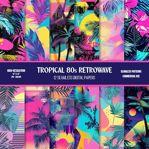 Carta digitale senza soluzione di continuità Retrowave anni '80 tropicale / Uso commerciale / Alta risoluzione / 300 dpi / JPG / Anni '80 / Anni '90 / Digitale / Neon / Synthwave