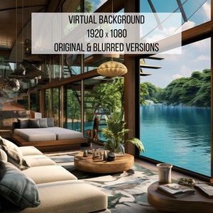 May include: A living room with large windows overlooking a tropical lagoon. The room is furnished with a white couch, a coffee table, and a large, wooden daybed. The windows are framed in wood and offer a view of lush green trees and a blue lagoon.