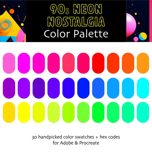 90s Neon Nostalgia Procreate & Adobe Digital Color Palette | Instant Download | HEX Codes | Procreate | Swatches | Adobe | Throwback Style