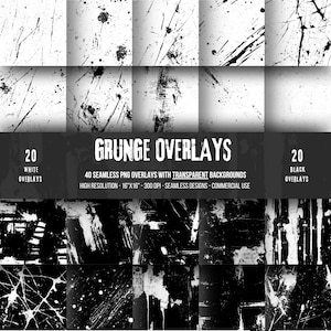 Op de afbeelding: Een digitaal product met 40 grunge overlays. De afbeelding toont een raster van zwart-wit texturen, waaronder spetters, krassen en penseelstreken. Tekst geeft 20 witte en 20 zwarte overlays aan, elk 40.64 cm x 40.64 cm, voor commercieel gebruik.