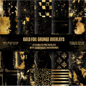 Puede incluir: Un conjunto de 20 superposiciones de grunge de lámina de oro sin costuras con fondos transparentes. Las superposiciones presentan varios patrones, incluyendo una telaraña, un patrón a cuadros y un diseño de damasco. Las superposiciones son de alta resolución, 30,5 cm por 30,5 cm y 300 DPI. Las superposiciones son perfectas para agregar un toque de glamour vintage a tus diseños digitales.
