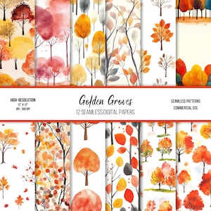 Golden Groves Seamless Digital Paper / Uso commerciale / Alta risoluzione / 300 dpi / JPG / Foglie autunnali / Colori autunnali / Alberi bellissimi