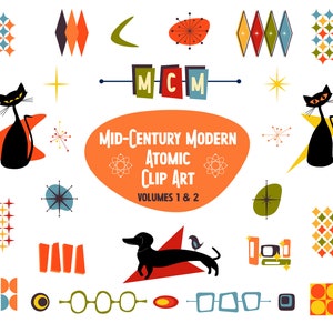 Bundle: Colorful Mid-Century Modern Atomic Clip Art Volumes 1 AND 2 | Vector Art | Graphic Elements| PNG | SVG | 1950s | 1960s | Retro