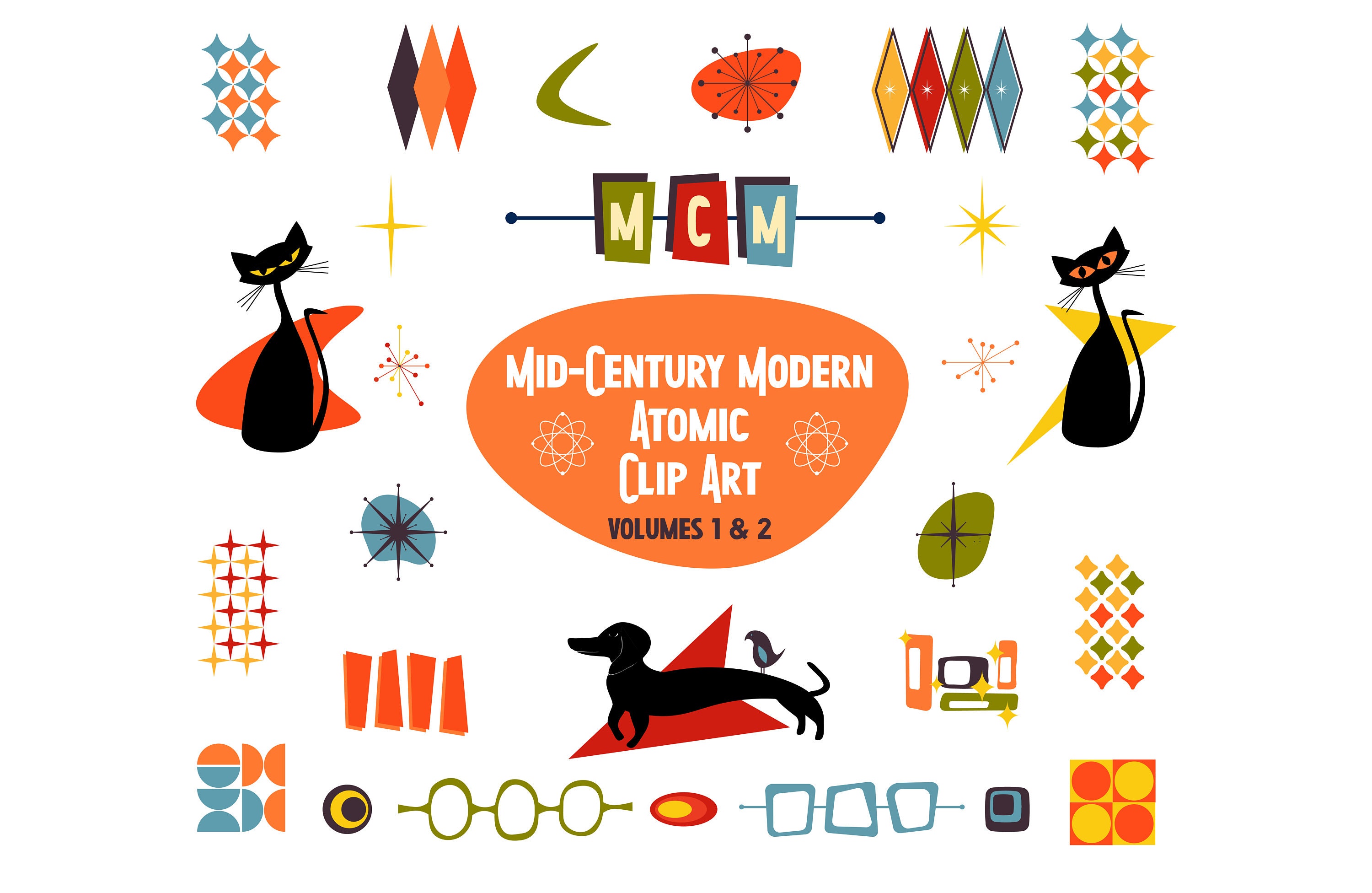 Mid-Century Modern Atomic Clip Art Bundle: V1 & V2 Retro Graphics (Digital Download)