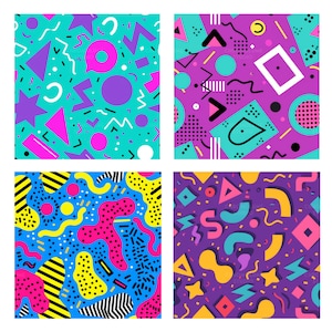 May include: Four colorful seamless patterns with geometric shapes, stars, and abstract designs in a retro 80s and 90s style. The patterns are in shades of blue, yellow, pink, purple, and green.