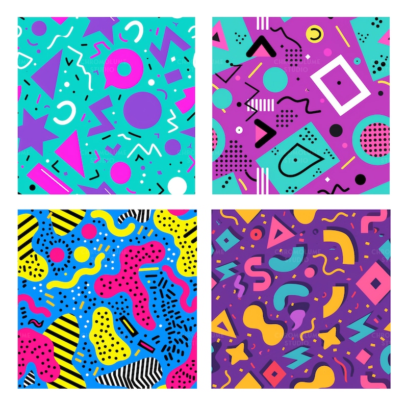 May include: Four colorful seamless patterns with geometric shapes, stars, and abstract designs in a retro 80s and 90s style. The patterns are in shades of blue, yellow, pink, purple, and green.