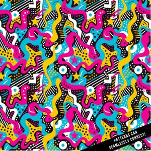 May include: A seamless pattern with a retro 80s style featuring bright colors, geometric shapes, and stars. The pattern is made up of pink, yellow, blue, white, and black elements. The text "PATTERNS CAN SEAMLESSLY CONNECT!" is at the bottom of the image.