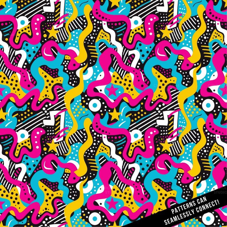 May include: A seamless pattern with a retro 80s style featuring bright colors, geometric shapes, and stars. The pattern is made up of pink, yellow, blue, white, and black elements. The text "PATTERNS CAN SEAMLESSLY CONNECT!" is at the bottom of the image.