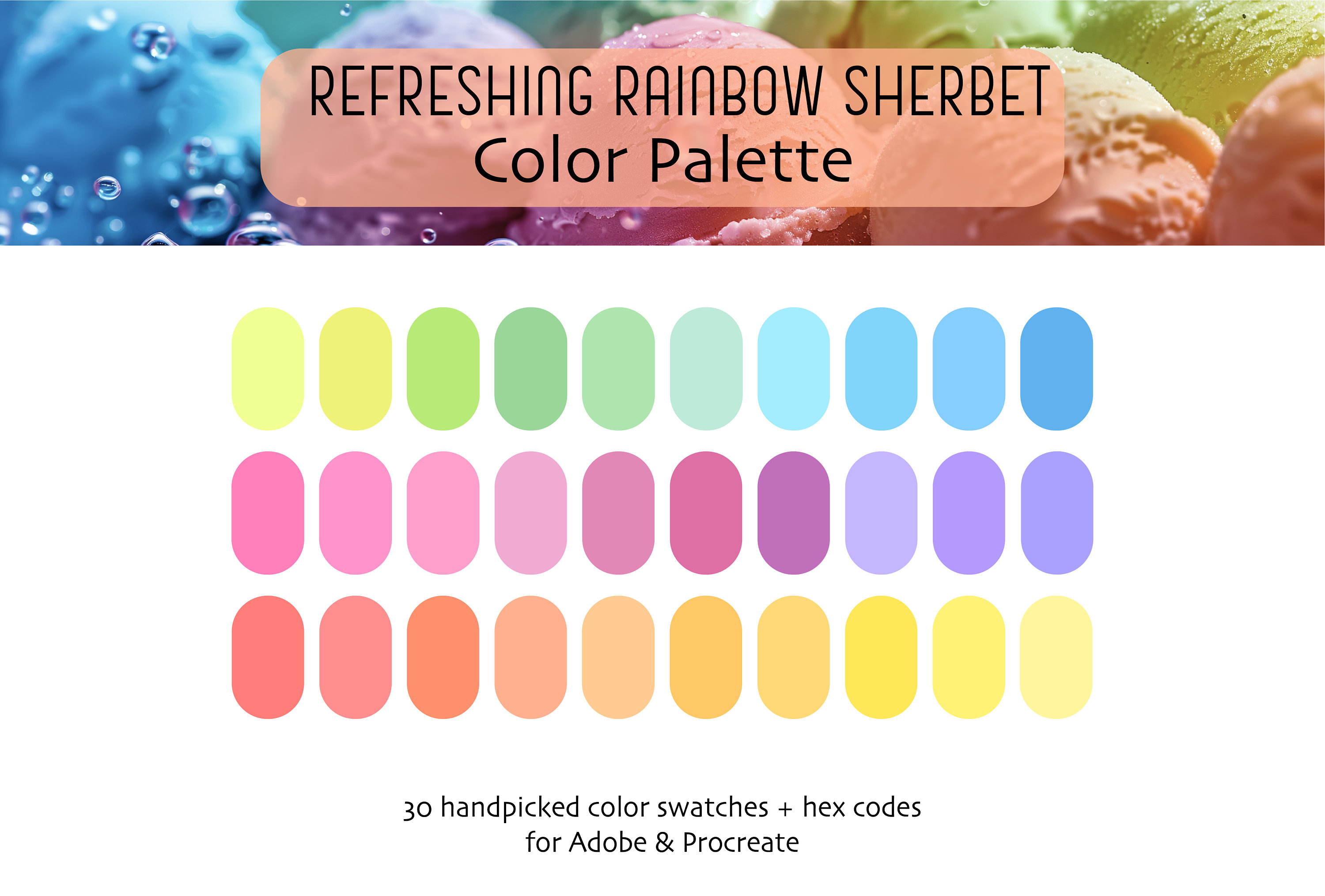 Paleta de colores Rainbow Sherbet para Procreate y Adobe | 30 muestras pastel con códigos HEX | Descarga instantánea