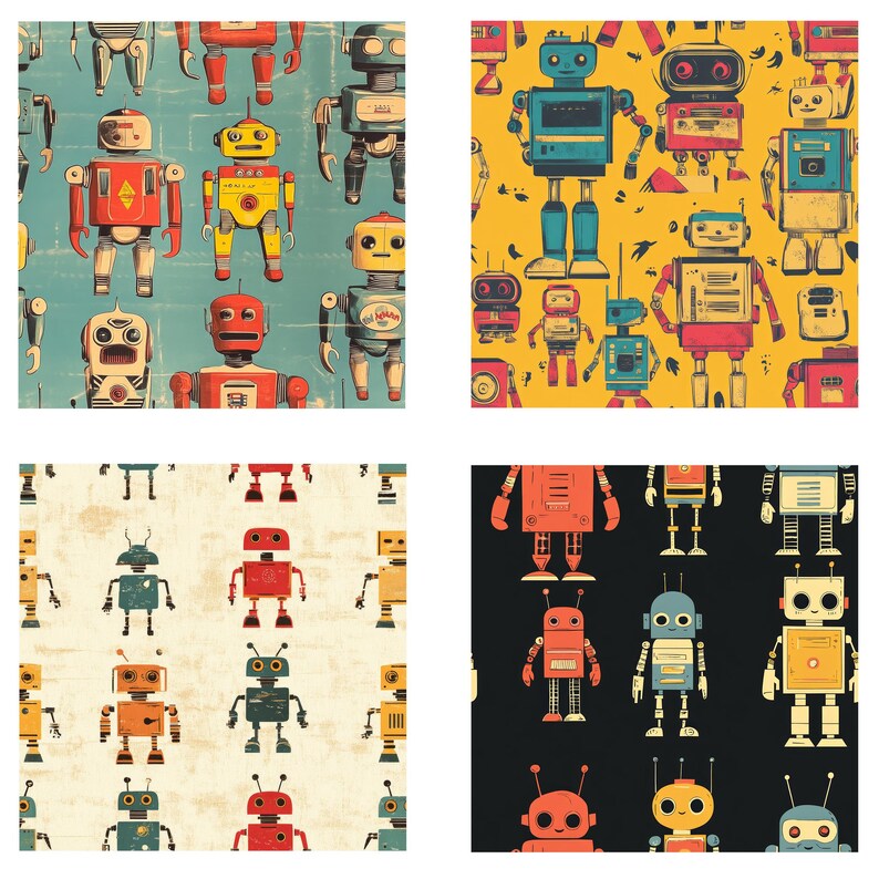 Retro Robots Seamless Digital Paper: Vintage Style Patterns (digital ...
