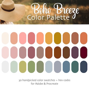 May include: A color palette with 30 handpicked color swatches in shades of white, pink, brown, green, blue, and red. The color palette is labeled "Boho Breeze Color Palette" and includes hex codes for use in Adobe and Procreate.