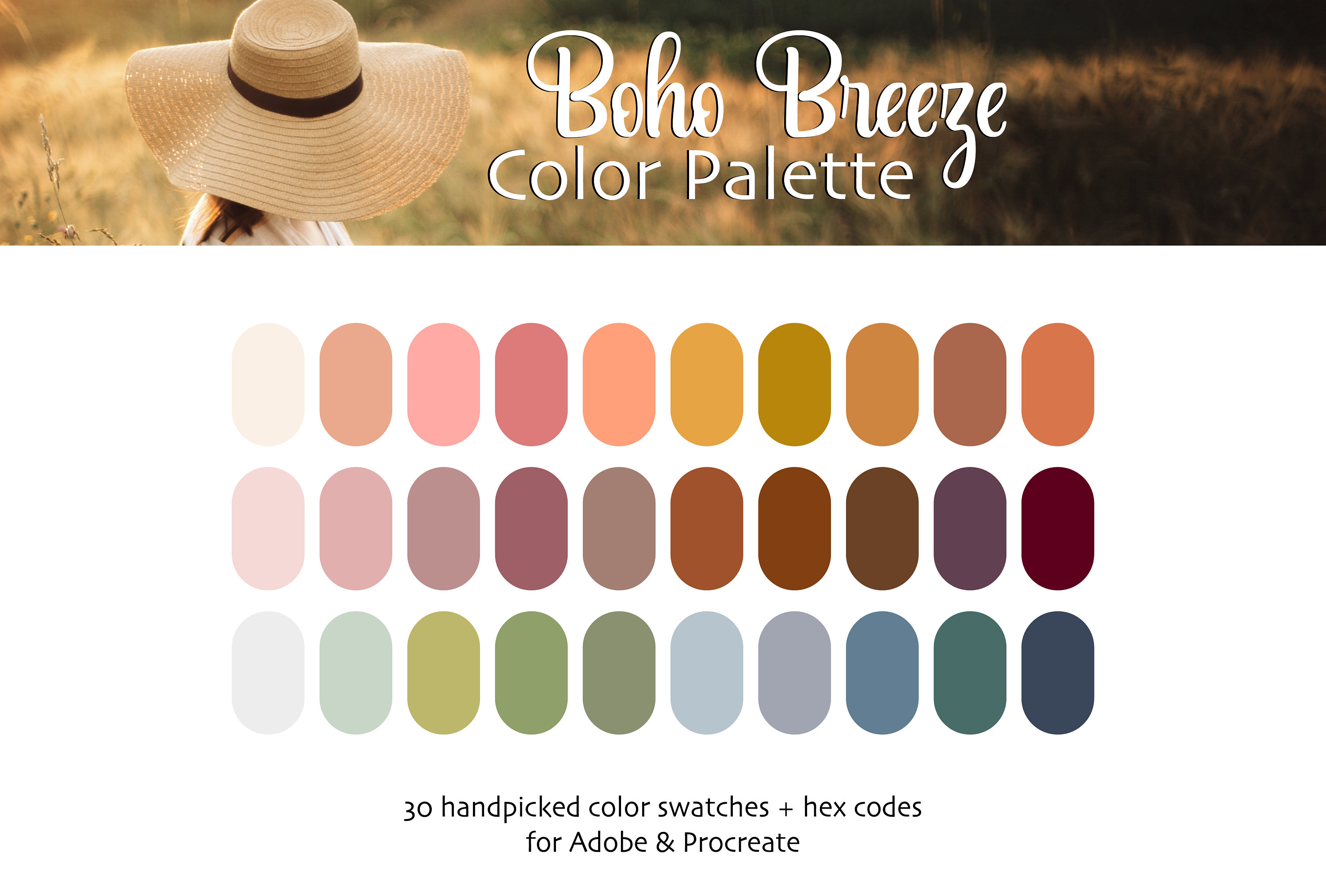 Boho Breeze Color Palette for Procreate & Adobe | 30 Earthy Bohemian Swatches + HEX | Instant Download