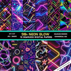 Carta digitale senza soluzione di continuità con effetto neon anni '90 / Uso commerciale / Alta risoluzione / 300 dpi / JPG / Anni '80 / Anni '90 / Confezione di carta digitale con colori vivaci